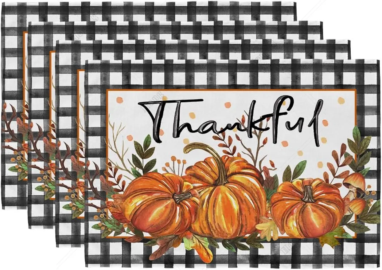 

Fall Placemats 12x18 Inch Set of 4 Pumpkins Thankful Plaid Check Table Decor for Kitchen Dining Indoor Dinner Party Stocked