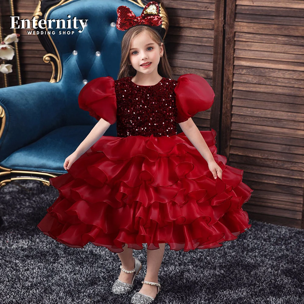 Princesse Enfant O-Neck A-line Bow Flower Girl Dress Sequined Puff Sleeve Ball Gown Knee-length Lovely Vestidos Para Niñas