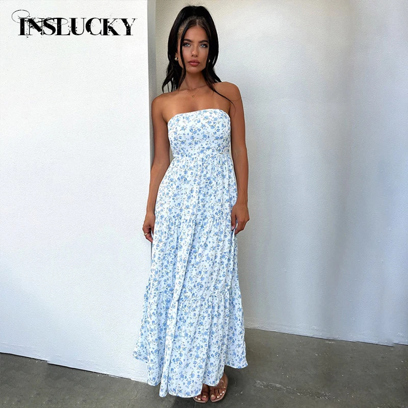 

InsLucky Summer Sexy Beach Resort A Line Dress Women Floral Print Strapless Sleeveless Slim Folds Aesthetic Fashion Lady Dresses