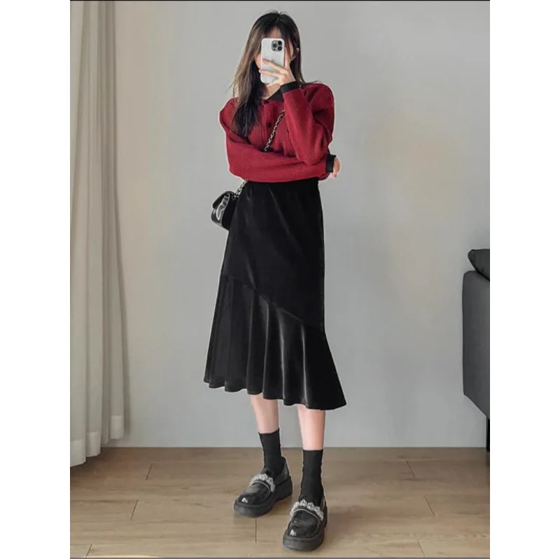 

Golden Velvet Skirts Women Spring Autumn Casual High Waist Velour Mermaid Skirt Retro Korean Ladies Ruffle Long Black Skirt Q93