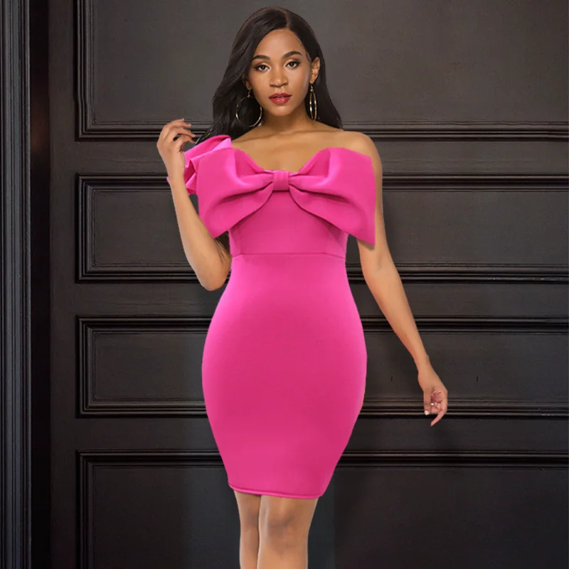African Dresses for Women 2023 Spring Elegant African Ruffles One Shoulder Big Bowtie Patchwork Sexy Bodycon Party Mini Dress
