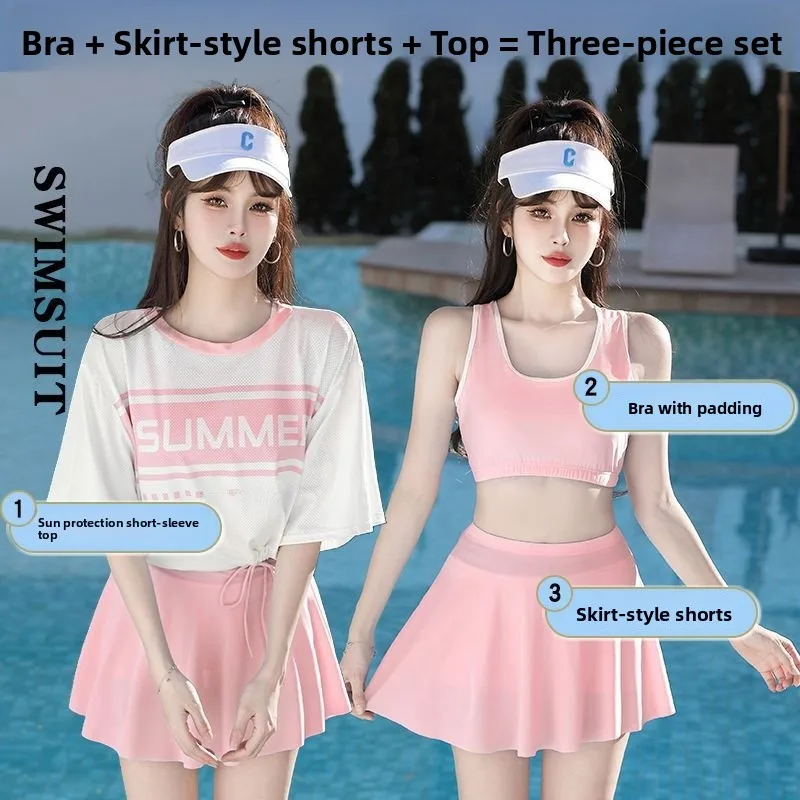 2025 New Women's Two-Piece Swimsuit Set Sporty Short Sleeve Girl's Belly Cover Slimming Conservatively Designed Bathing Suit - 2