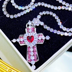 Elegant Sterling Silver Cross Necklace with Dazzling Pink CZ Stone - 45cm (Pink)