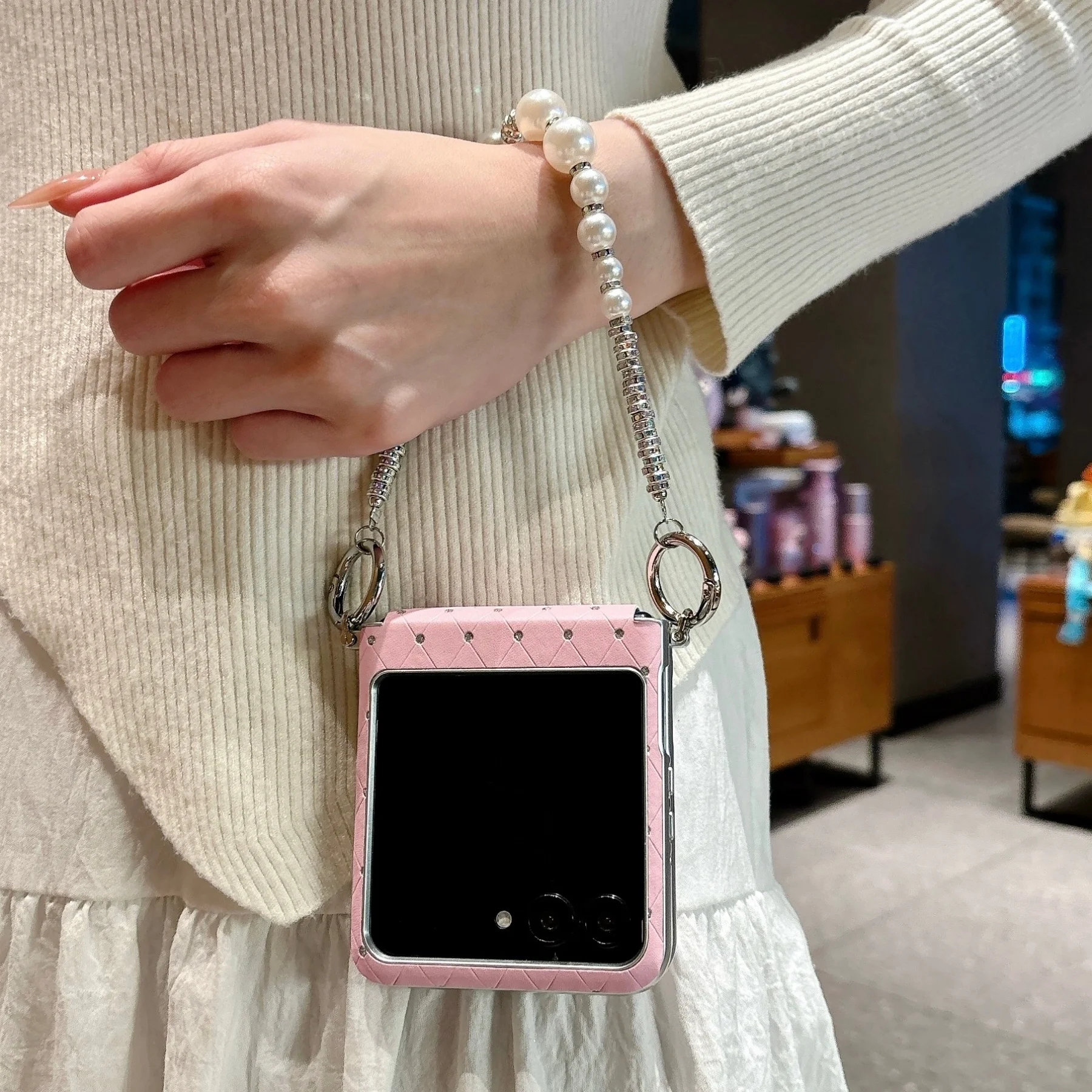 Cute Glitter Bowknot Rhinestone Flip Phone Case with Chain, Rhombus Design