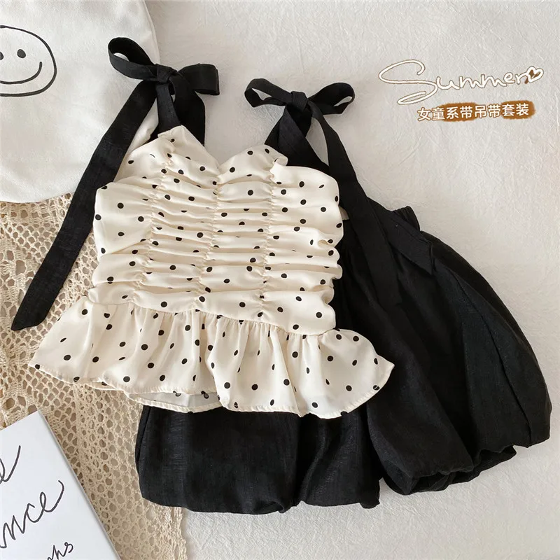 

Fashion 2023 Summer Baby Girl Clothing Sets Korean Style Cotton Dot Sleeveless Halter+Black Shorts Two Piece Outfit For 2-8Year