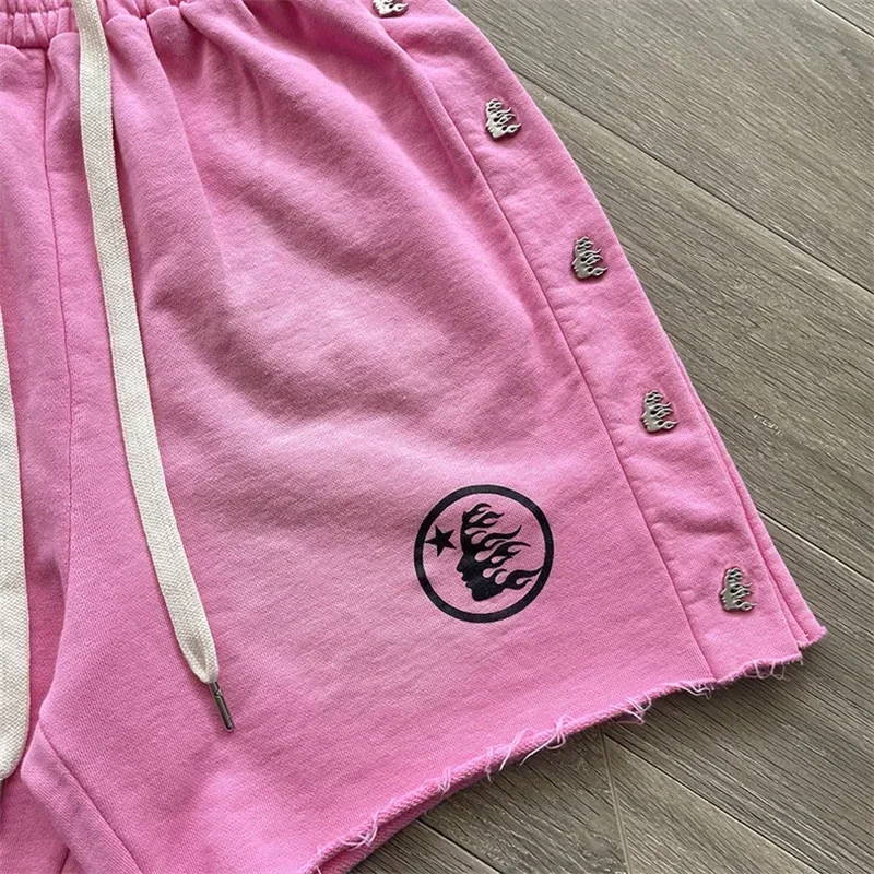 

24ss Oversized Hell Star Shorts Men Women 1:1 Best Quality Logo Printing Pure Cotton Casual Washed Pink Shorts