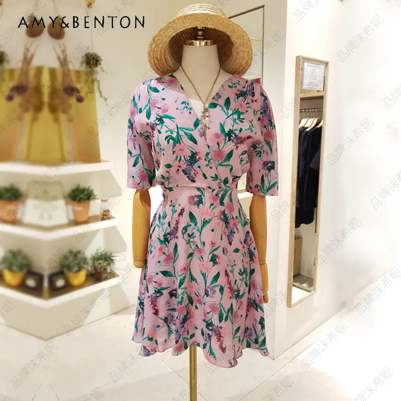 

Summer 2023 Korean Style Elegant Short Sleeve Printed Tied V-neck Waist Dress Floral Fashion Slimming Dress for Women