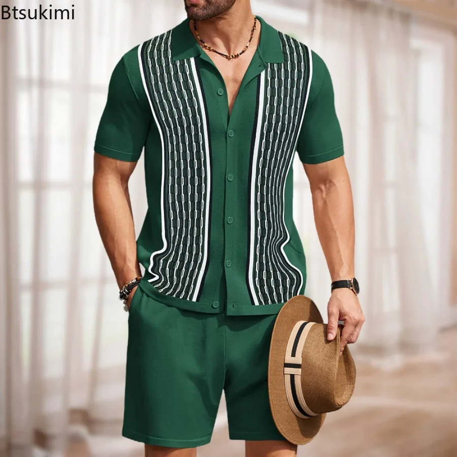 2024 Summer Men's Clothing New Ice Silk Jacquard Knitted Two-pieces Men's Business Casual Polo Shirt and Shorts Suits Male Sets