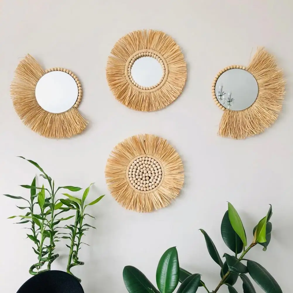 Hanging Mirror Raffia Moroccan Wood Beads Acrylic Multifunctional Decorative Decorations Bedroom Decorative Wall Mirror acrylic mirrors wall mirrors