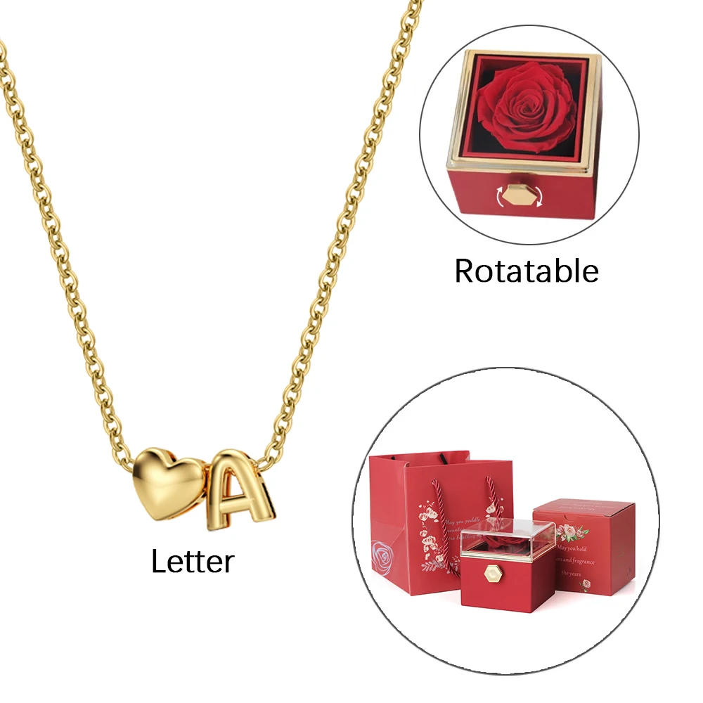 

ETERNAL ROSE BOX-3D BUBBLE LETTER NECKLACE & REALROSE Flower Gift Box Heart Customize Initial Letter Valentine Day Gift for Her