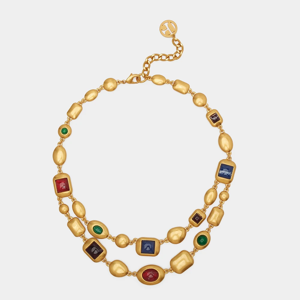 

JBJD Vintage Jewelry Gold Plated Long Muliti-Color Resin Collar Multi-Layered Chain Necklace European Bridal Jewelry Accessories