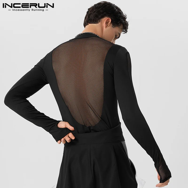 INCERUN Sexy Homewear Men Mesh Hollow Splice Bodysuits Casual Stylish Male Tight Elastic Sleeve Thimble Triangle Jumpsuits S-5XL