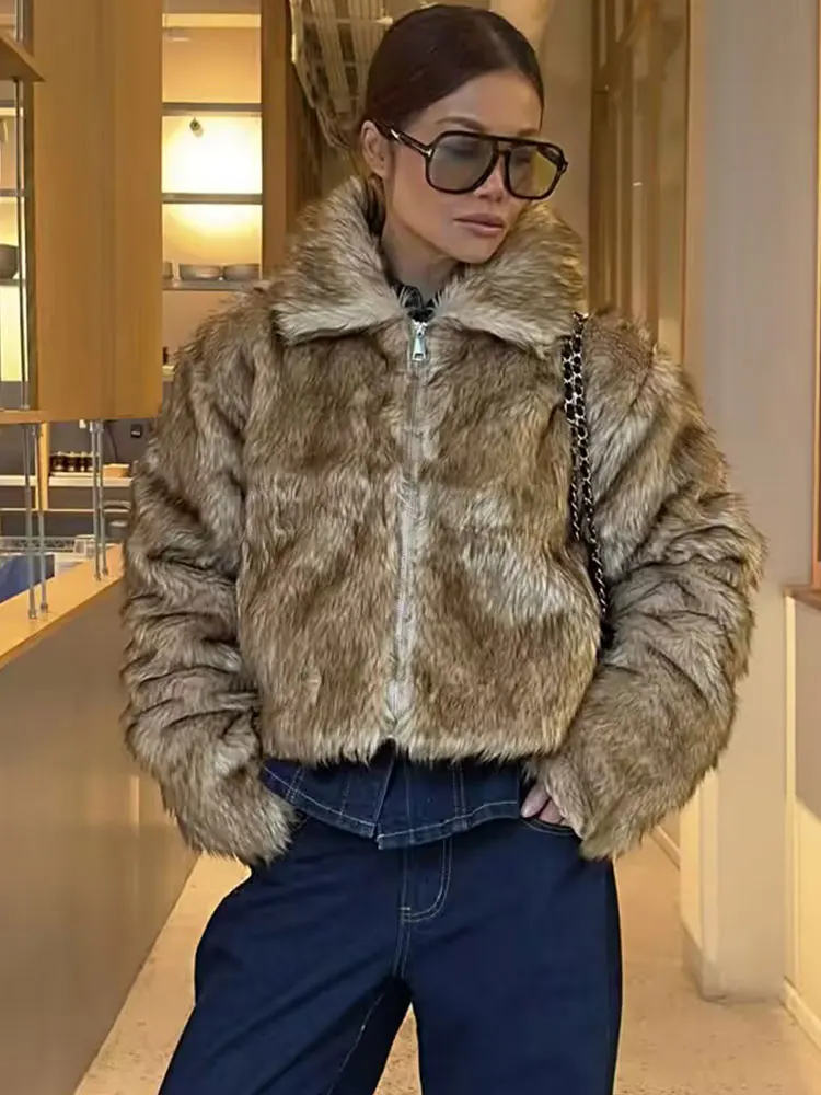 HH 2025 Women Winter Warm Faux Fur Coats Lapel Long Sleeve Zipper Jacket Female Fashion High Street Short Coat Outerwear