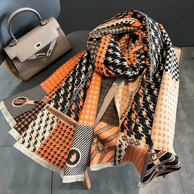 

Houndstooth Print Winter Cashmere Scarf Women Shawl Luxury Warm Thick Blanket Pashmina Neckchief Bufanda Design Echarpe Bandana