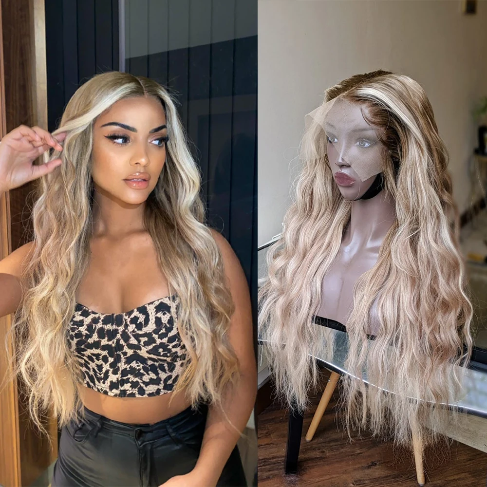 

Glueless Balayage Blonde HD Full Lace Wig with Short Dark Roots Human Hair Brown Highlights Lace Front Wig 200% Slight Wavy
