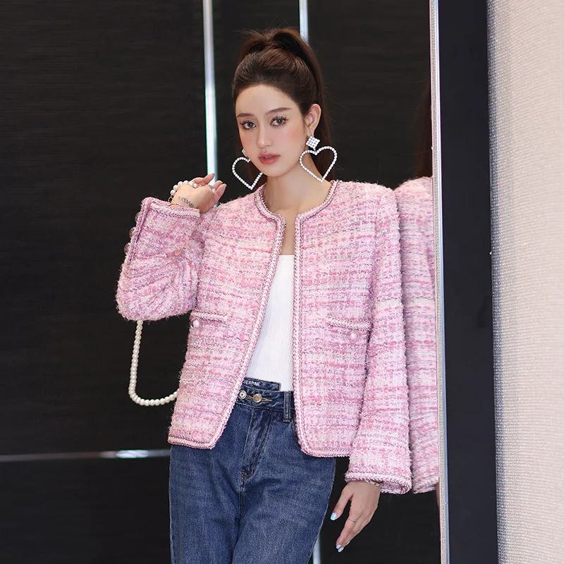 High Quality Elegant Heavy Industry Celebrity Tweed Plaid Top Wool Coat for Women Pink Jacket