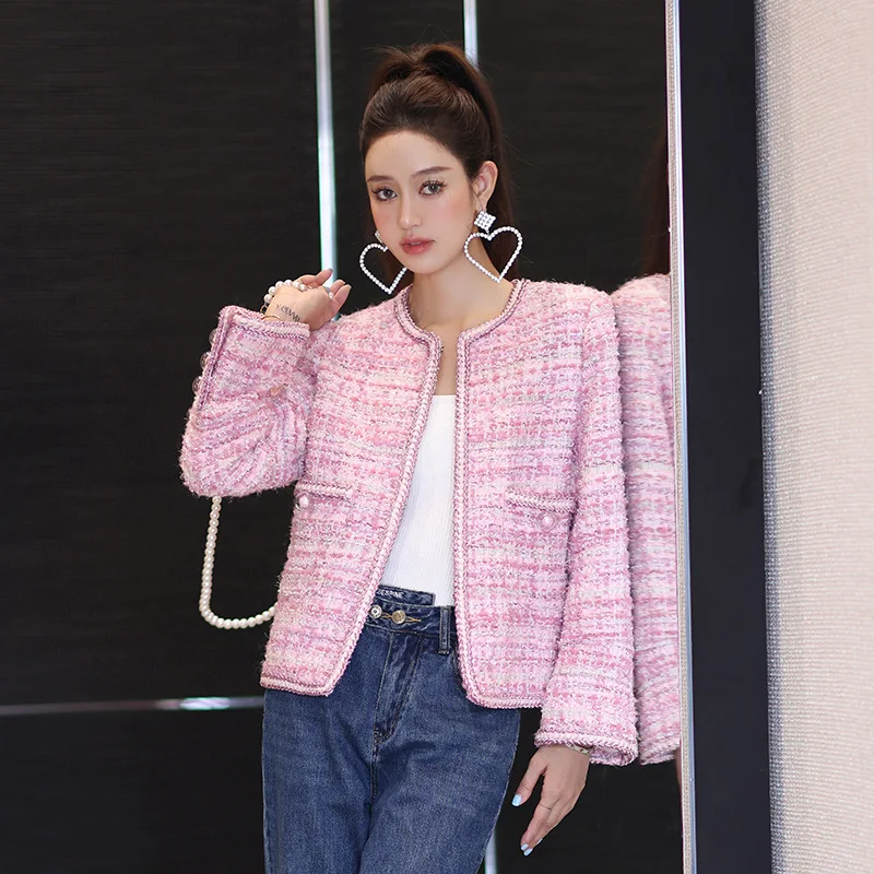 

High Quality Elegant Heavy Industry Celebrity Tweed Plaid Top Wool Coat for Women Pink Jacket