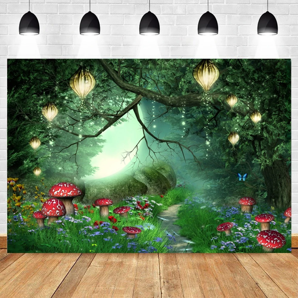 Märchen verzauberter Wald Hintergrund Fotografie Wunderland verträumter Dschungel Pilz Baby Geburtstag Party Hintergründe Dekor – Detail 4