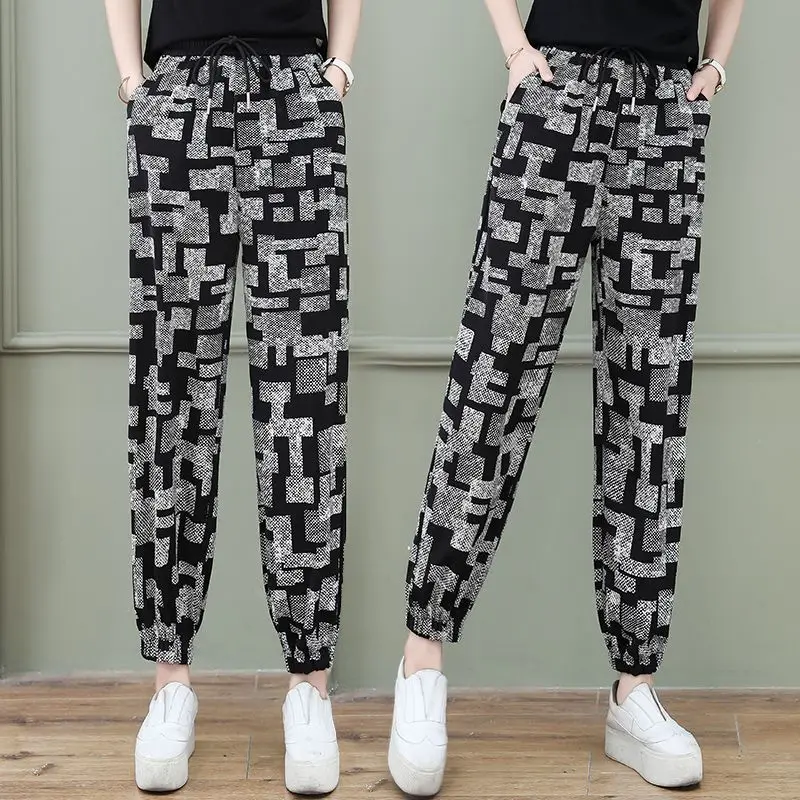 Printed Ice Silk Casual Women's Trousers Summer 2023 Elastic High Waist Slim Fashion Harun Nine Point New in Pants