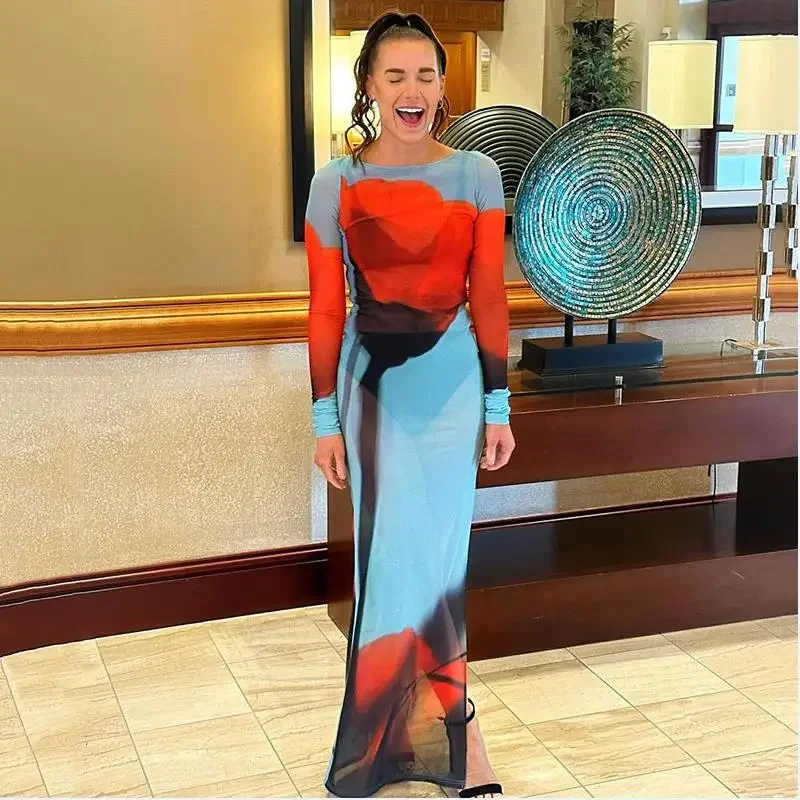 2024 New Sexy Women’s Slim Fit Long Dress Cover-Ups Sheer Mesh Long Sleeve Floral Print Beach Dress Side Split Bikini Cover-Ups