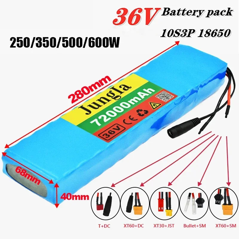 

Electric Scooter 36V Battery 10S3P 72Ah 18650 Battery Pack 500W 36v Lithium Electric Bike Battery Rechargeable Li-ion Battery