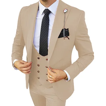 Formale uomo 3 pezzi abito da sposa sposo smoking Slim Fit abiti da lavoro Champagne abito da sposa Costume Homme (Blazer + pantaloni + gilet)