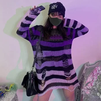 2024 Purple Striped Gothic Sweaters Women Ripped Holes Loose Knitted Pullover Frayed Fairy Grunge Jumpers Emo Streetwear Lolita 2