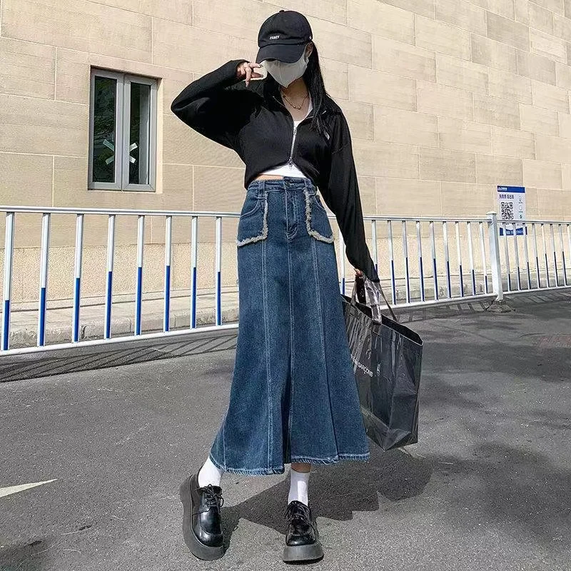 Luck A 2022 Fashion Retro Long Summer Spring Denim Skirts Girls High Waist Button Pockets Split Jeans Straight Maxi Denim Skirts nike skirt