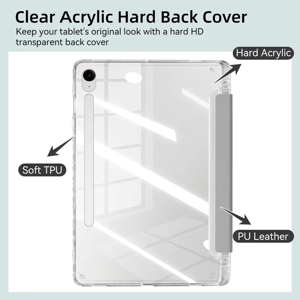 Y Fold Clear Acrylic Tablet Case with Pencil Holder and Auto Sleep/Wake Cover