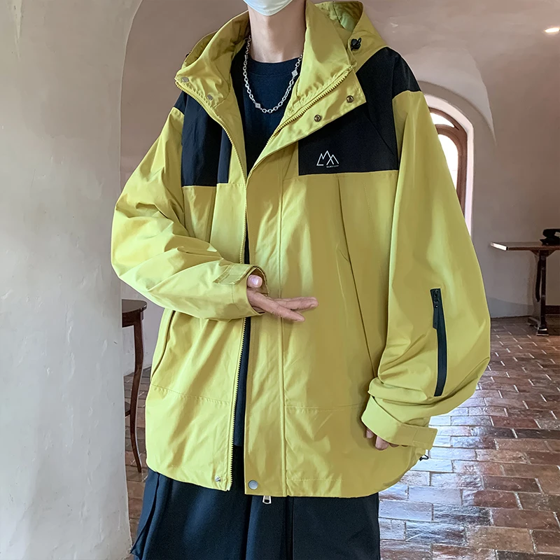 Korean Style Trendy Men Casual Jacket Side Pockets Patchwork Windbreaker Oversize Outdoor Comfy Sport Coat Zip