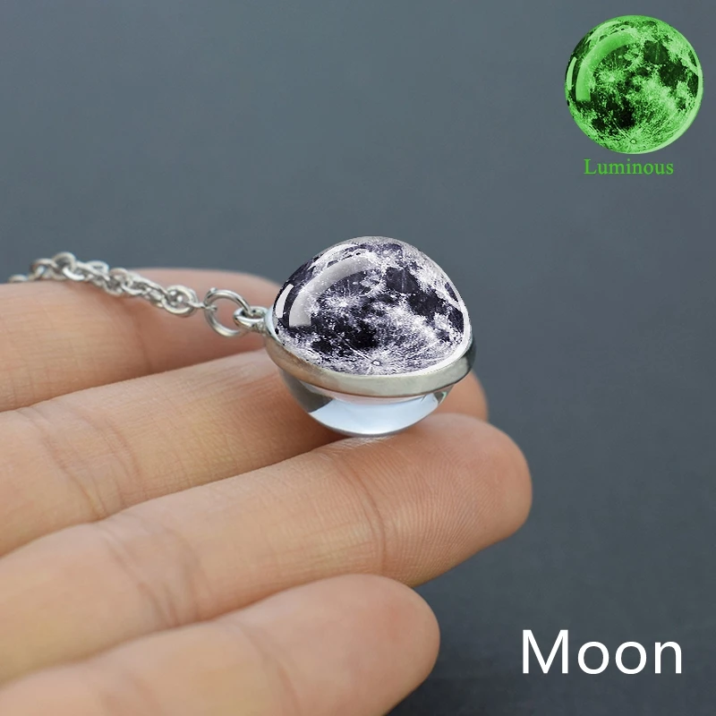 Collana con ciondolo luminoso a forma di sistema solare, pianeti, galassia, nebulosa, luna, terra, sole, sfera di vetro a doppia faccia.  36