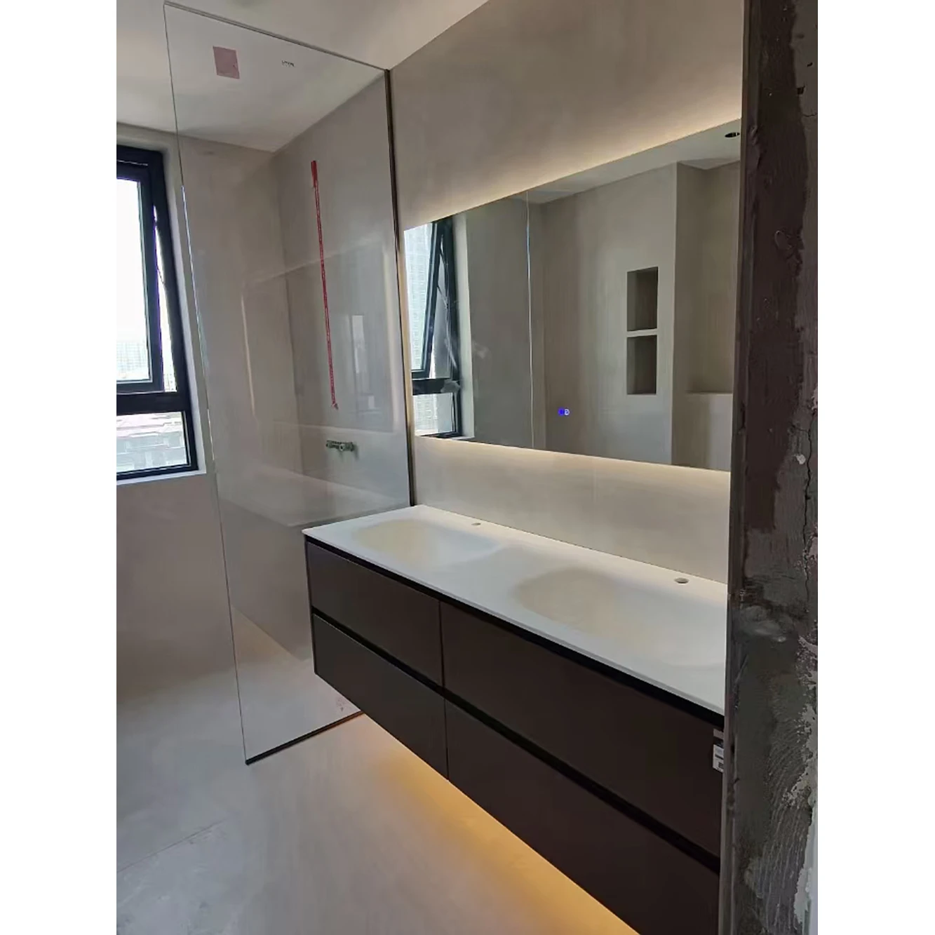 2000mm Bathroom Furniture Corian Basin Oka Wood Cabinet Light Mirror Custom-Made Comb Vanity 008A