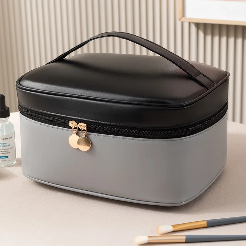 Pu Compartment Cosmetic Bag Color Matching Waterproof Wash Bag Large Capacity Patchwork Handbag Good-looking Multifunction Stora