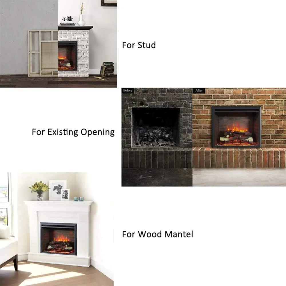 Electric Fireplace Insert with Log Speaker, Designed for Stud, Wood Burning Opening, Cabinet & Wood Mantel, Remote Control 3