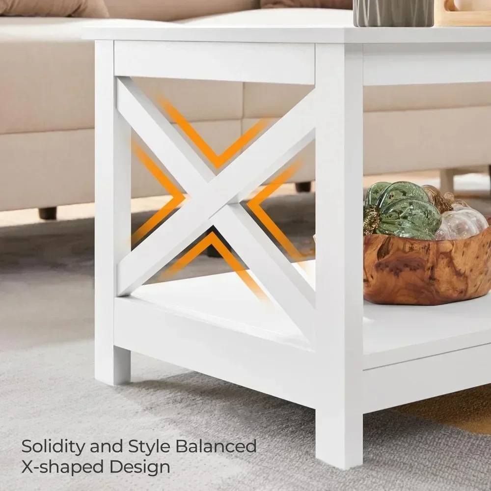 Wood 2-Tier White Coffee Table with Storage Shelf for Living Room, X Design Accent Cocktail Table, Simple Design Home Furniture