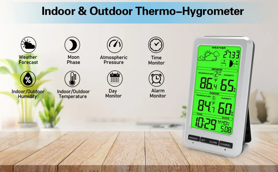 Weather Station Wireless Indoor Outdoor Digital Thermometer Temperature and Humi