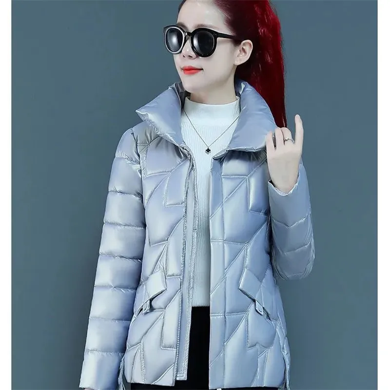

Short Casual Glossy Down Cotton Clothes Women New Winter Parkas Stand Collar Thick Warm Padded Coat Female Loose Outerwear G2759