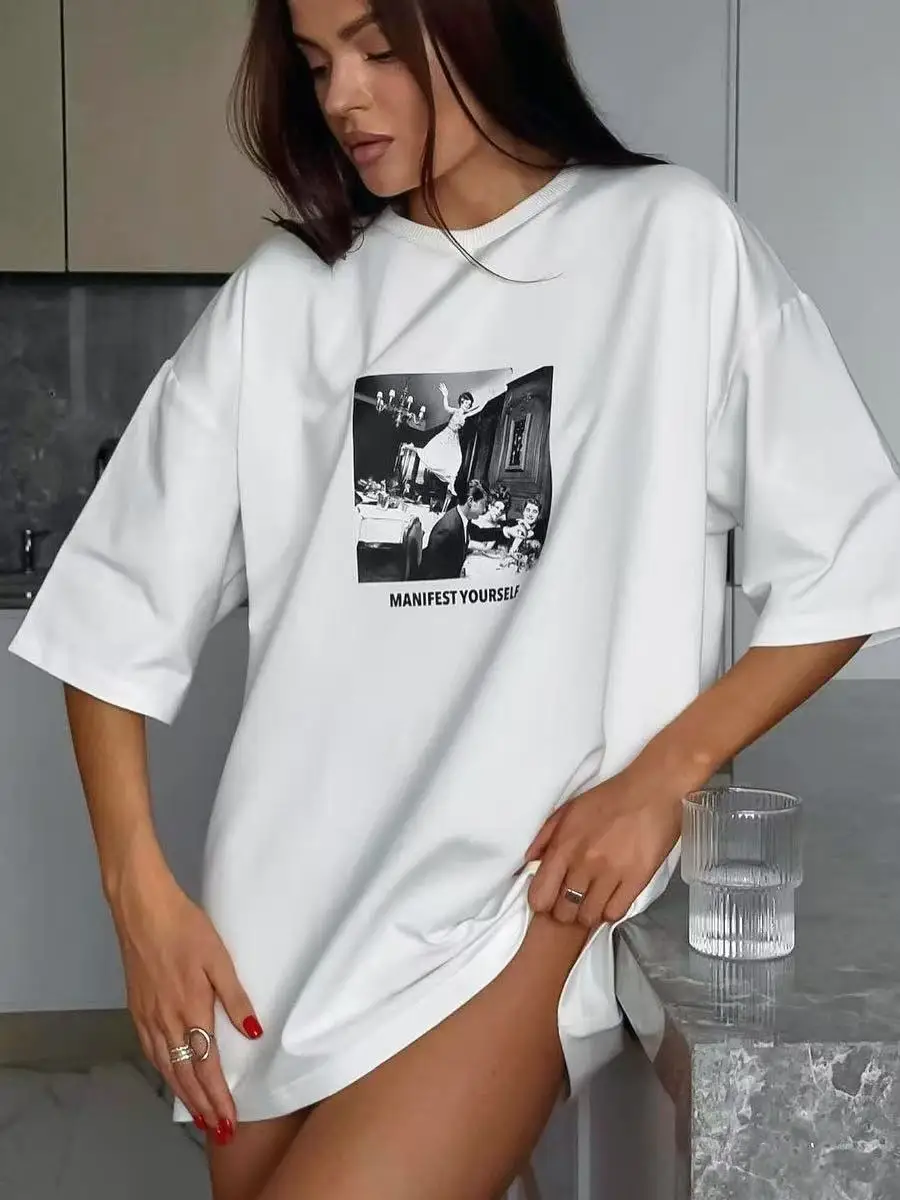 Sumuyoo Women's Printed T-shirt 100% Cotton Fashion White Vintage Short-sleeve Printing T Shirts Fashion Hip Hop Loose Tees 1