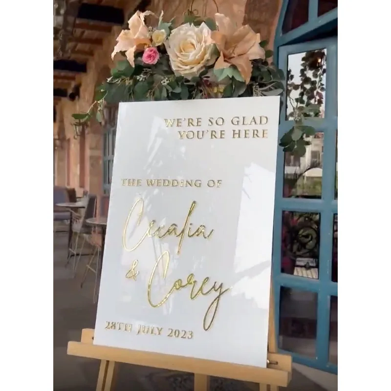 White Acrylic Wedding Welcome Sign With 3D Mirror Gold Names Ceremony Welcome Sign Engagement sign Modern Wedding Activity sign