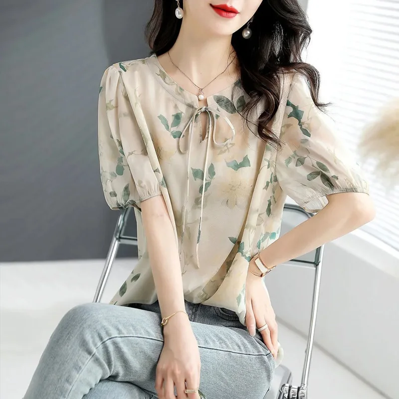 

Vintage Printed Lace Up Hollow Out Puff Sleeve Loose Chiffon Blouse Summer New Casual Pullovers Oversized Commute Women's Shirt