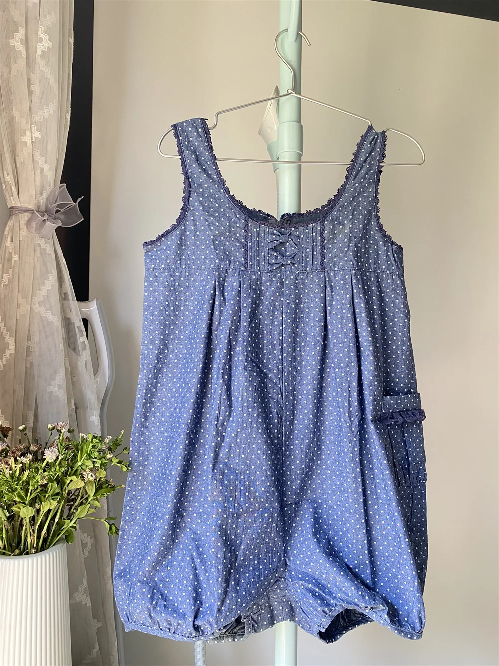 

Japan Liz Lisa Summer Cotton Denim Dot Printed Lace Bows Girls Rompers Vest Playsuits