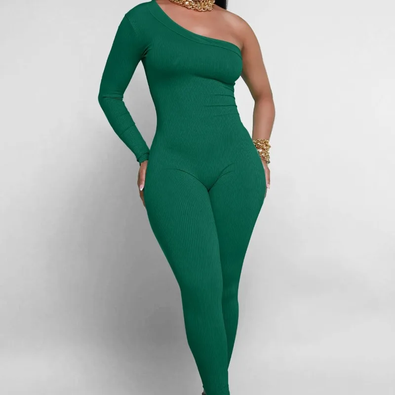 2023 Spring and Autumn Women's Diagonal Shoulder Solid Backless Elastic Bodycon Slim Fit Sexy England Style Fashion Jumpsuit