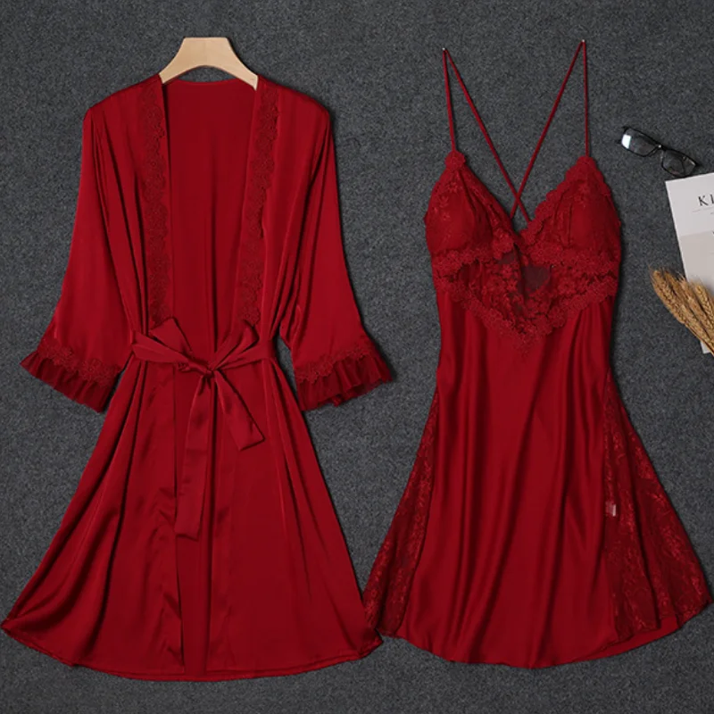 Lace Patchwork Kimono Bathrobe Set Female Sleepwear Twinset Robe Suit With Strap Nightgown Summer Perspective Nightwear Lingerie