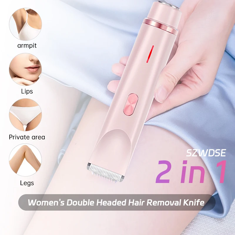 Women Electric Razors 2 in 1 Dual-Head Painless Women Electric Razors Bikini Trimmer Wet Dry Use Ladies Pubic Hair Detachable Head Electric Shaver