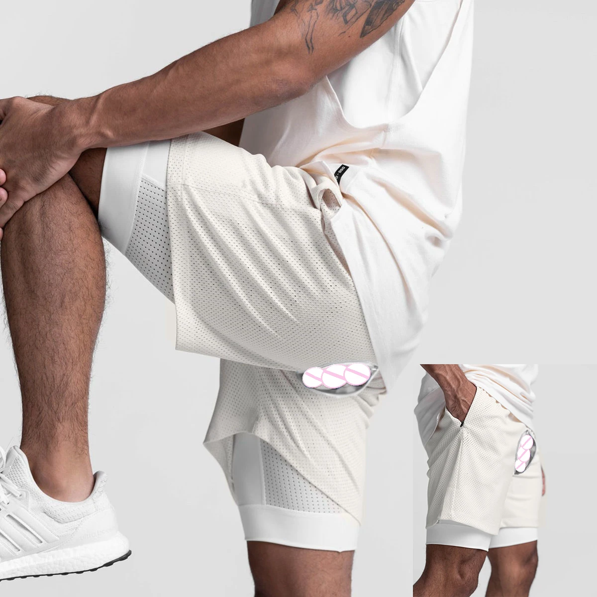 Outdoor Open Crotch Pants Men's Running Exercise Shorts Gym Jogger Sweatpants Short Breathable 2 in 1 Fitness Bottoms Streetwear