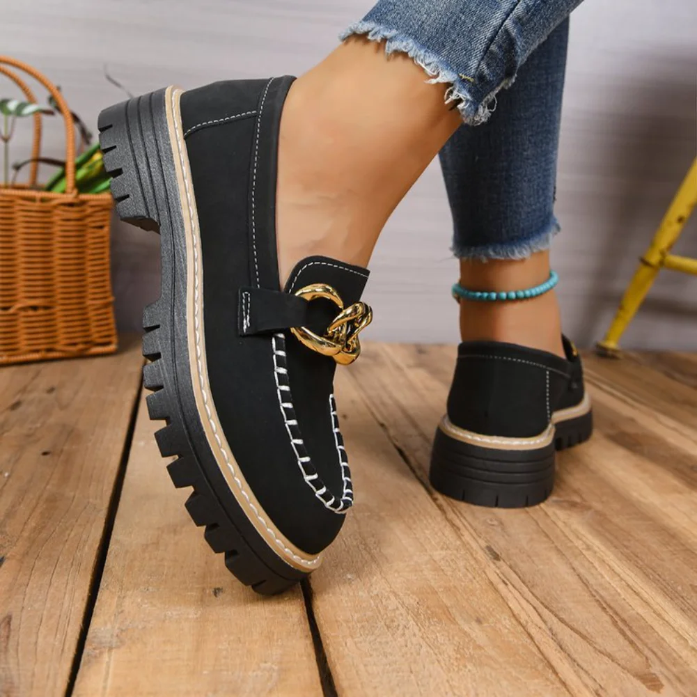 Woman Loafers Retro Autumn Shoes Ladies Large Size British Style Thick Heel Shoes Round Toe Outsole Korean Style Sneakers Woman