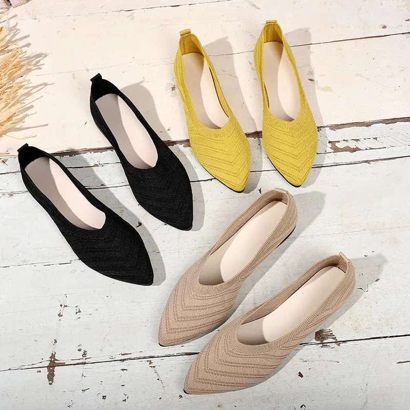 Women's Pointed Toe Flat Shoes Solid Color Knitted Slip on Shoes Casual Breathable Ballet Flats Women Flat Shoes Loafers Women