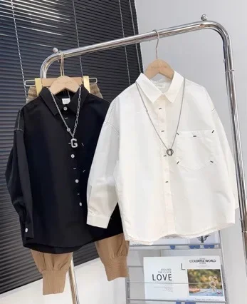 Boys' Artistic Style Pure Color Shirt Jacket Short Trendy Children's Spring Hot Sale Of The Season New Fashionable Top Quality C
