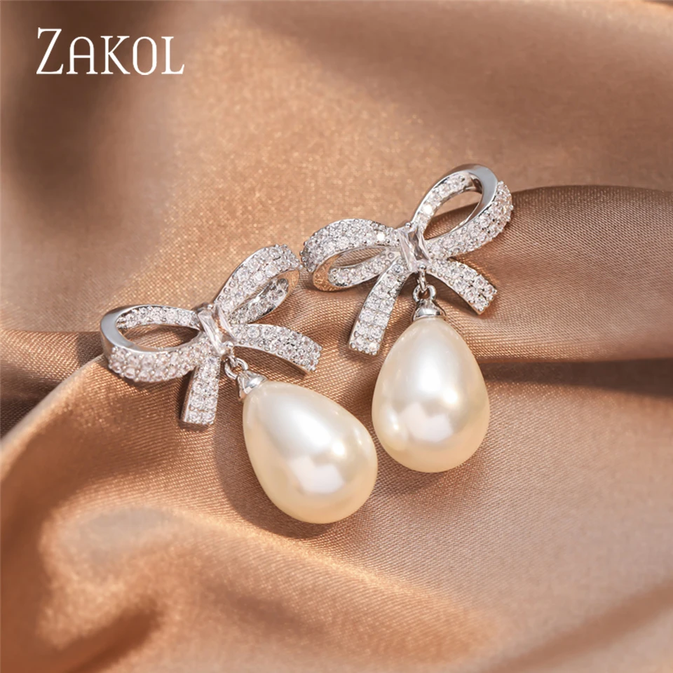 Orecchini Pendenti Donna Con Perle E Zirconi Curvi - Eleganti Per Matrimonio