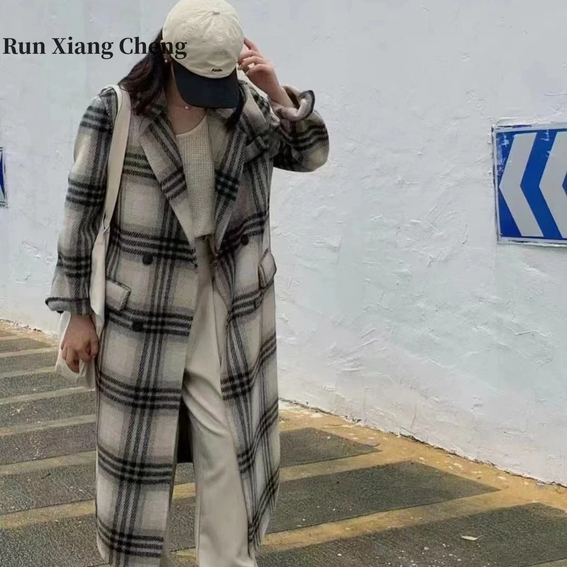 

High End Double-sided Cashmere Coat for Women's Spring and Autumn 2023 New Vintage Plaid Suit Wool Coat Free of Shipping